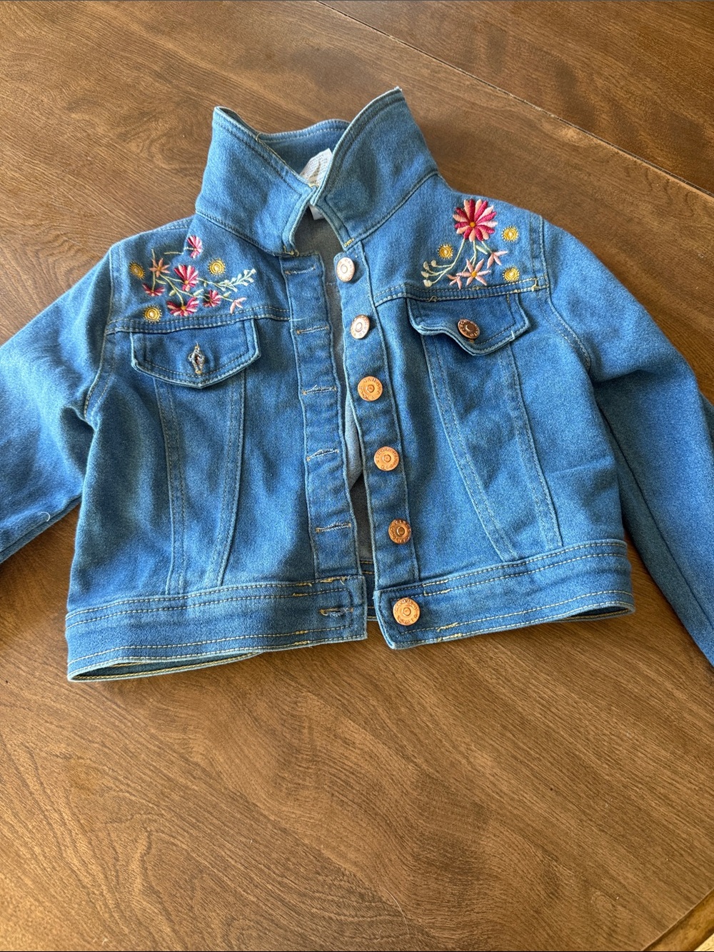 Vince Camuto Girls Denim Jacket with Pink & Yellow Floral Embroidery
